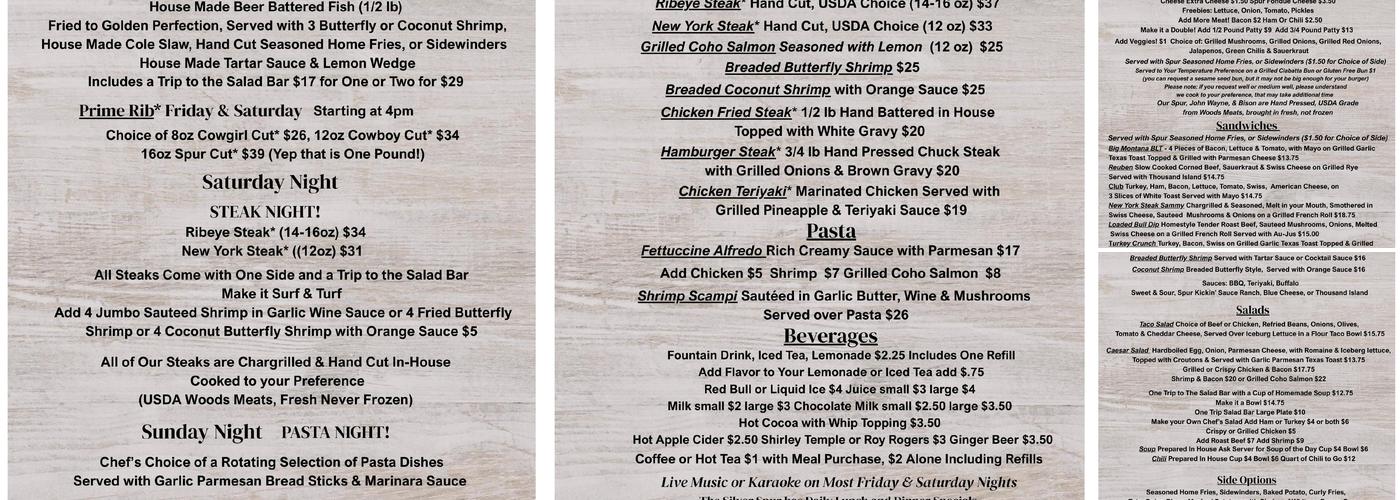 The Silver Spur Restaurant, Bar & Casino Menu