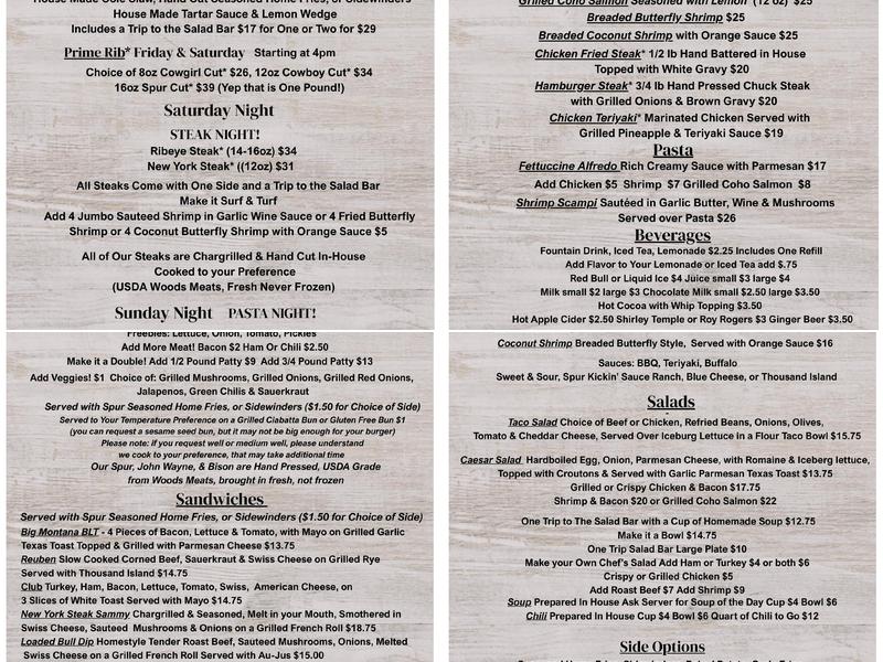 The Silver Spur Restaurant, Bar & Casino Menu