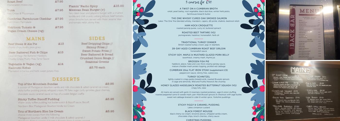 The Back Bar. Keswick Menu