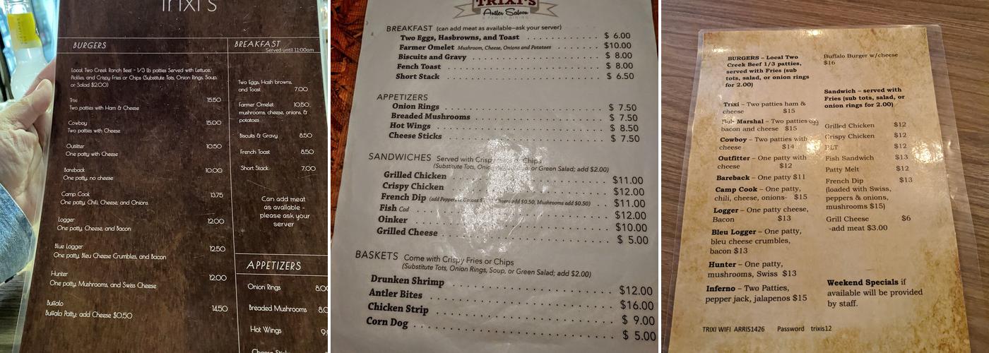 Trixi's Antler Saloon Menu