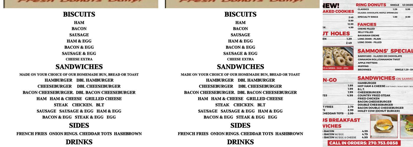 Sammons' Bakery Menu