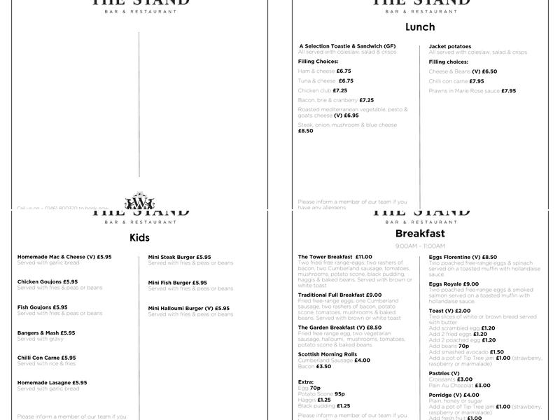 The Stand Bar and Restaurant Menu