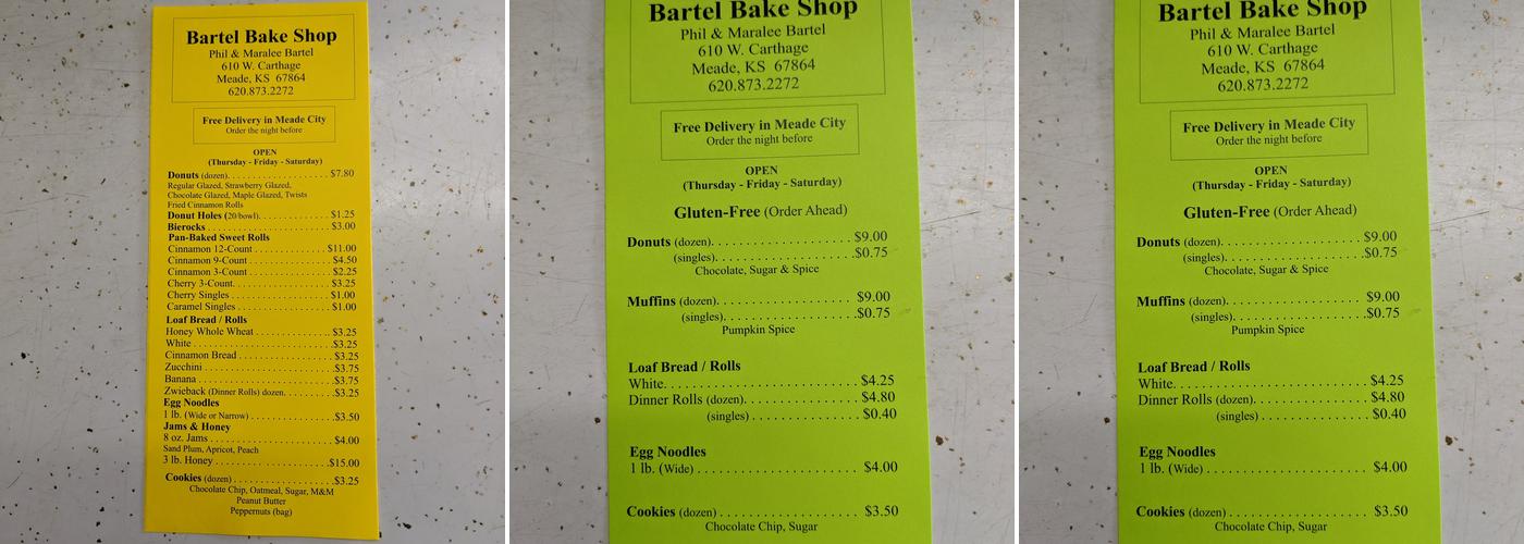 Bartel Bake Shop Menu