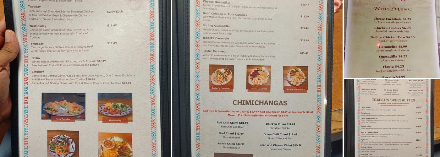 Isabel's south of the border Menu