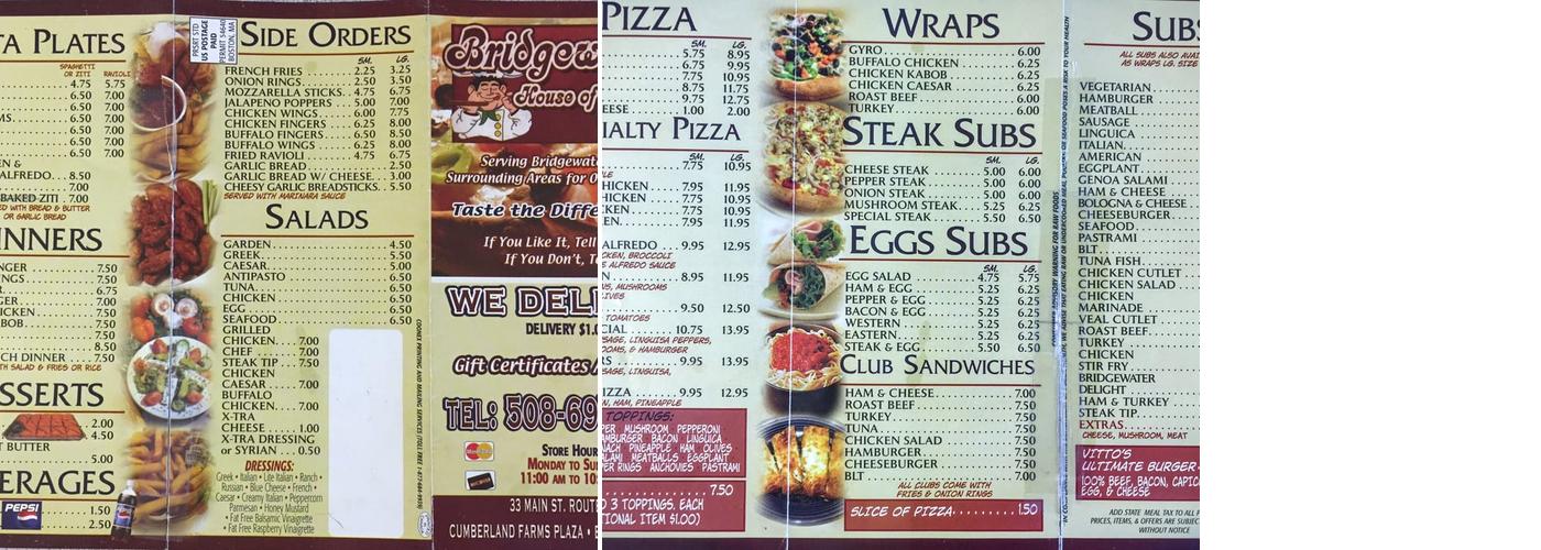 Bridgewater House of Pizza Menu