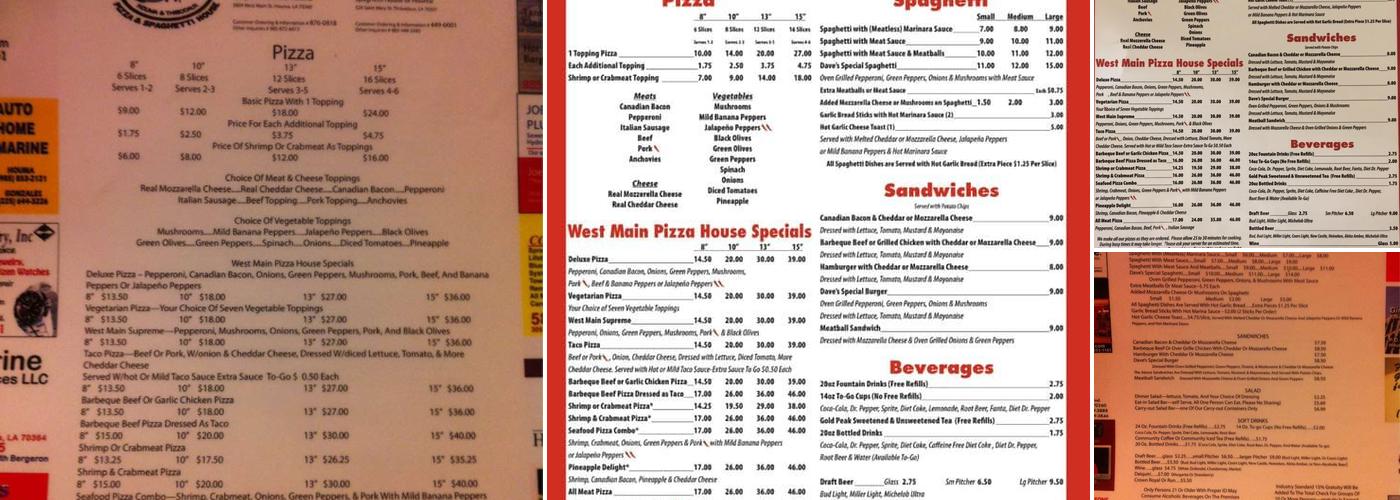 West Main Pizza & Spaghetti Menu