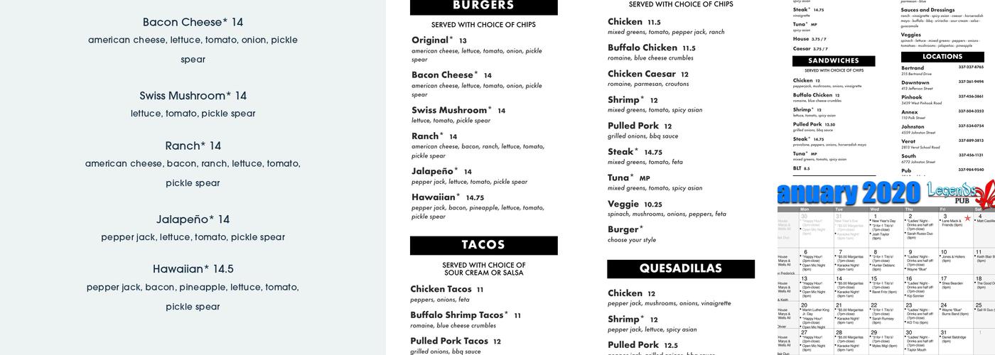 Legends Pub Menu