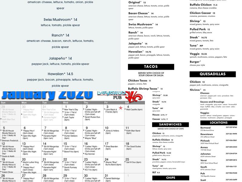 Legends Pub Menu