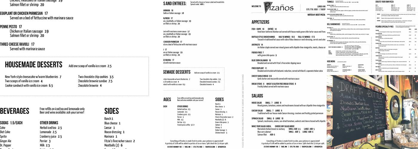 Pizanos Menu