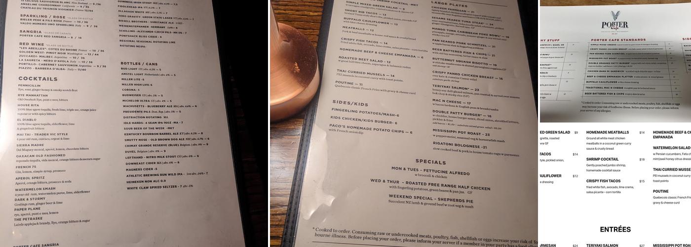 Porter Cafe Menu