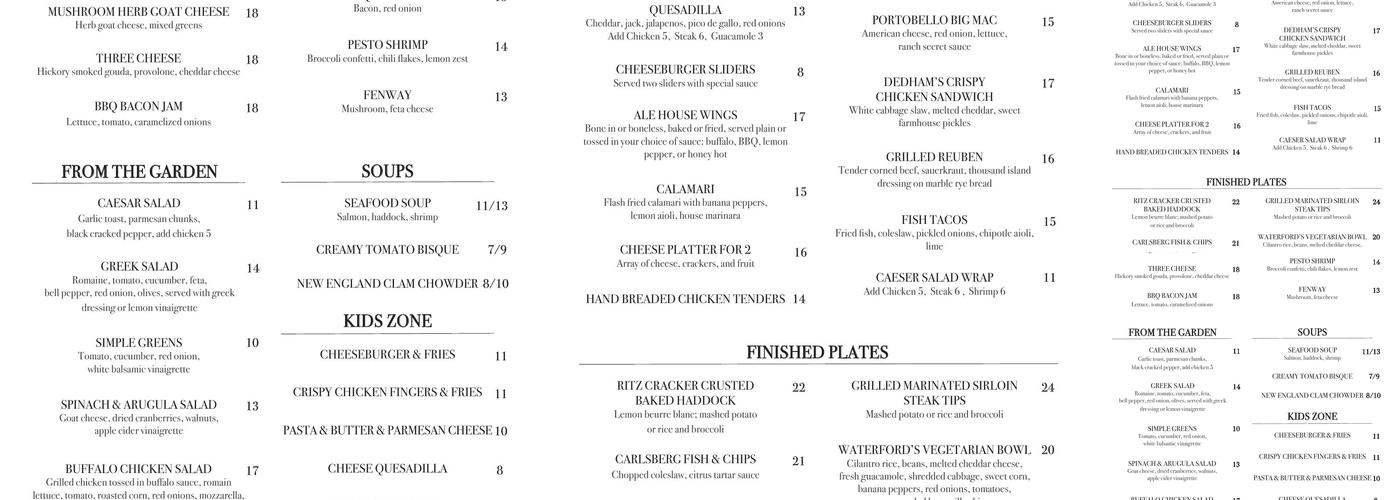 Waterford's family Restaurant Menu