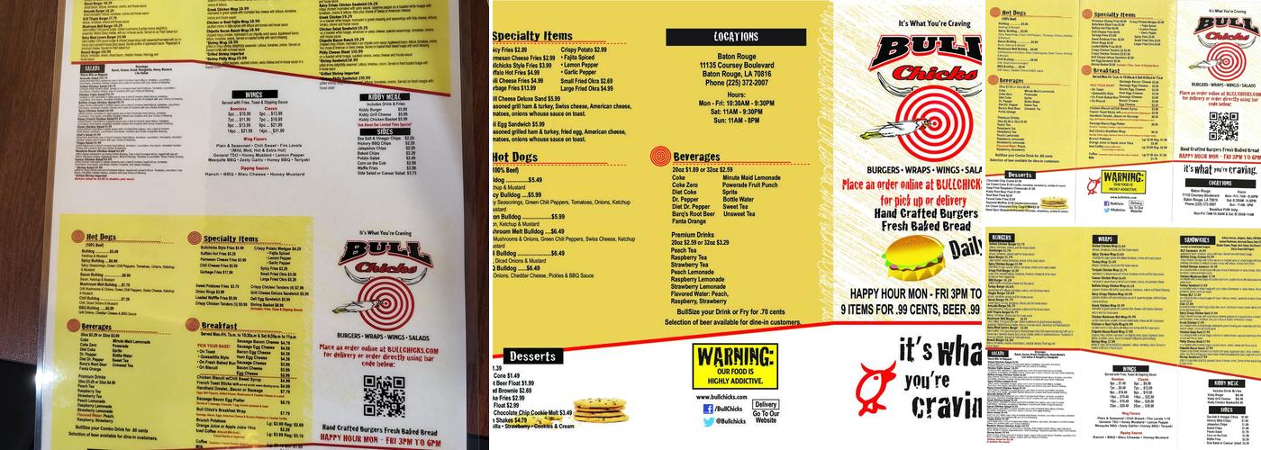 Bull Chicks Menu