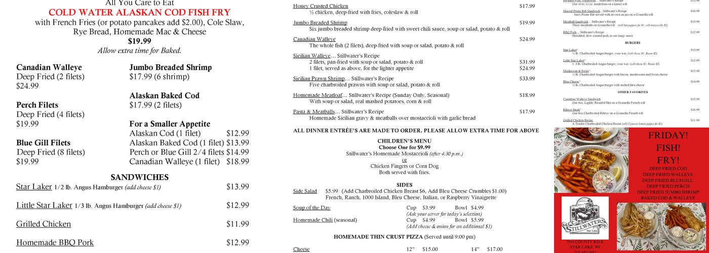 Stillwaters Restaurant Menu