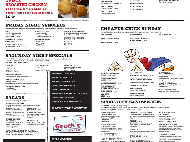Gooch's A-1 Bar & Grill Menu