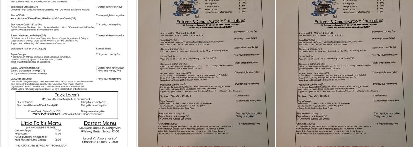 Blue Bayou Inn Menu