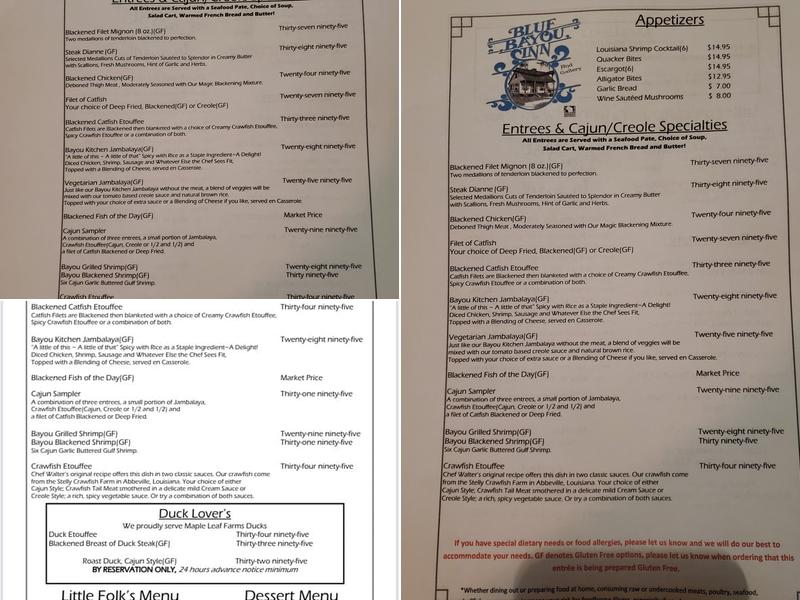 Blue Bayou Inn Menu