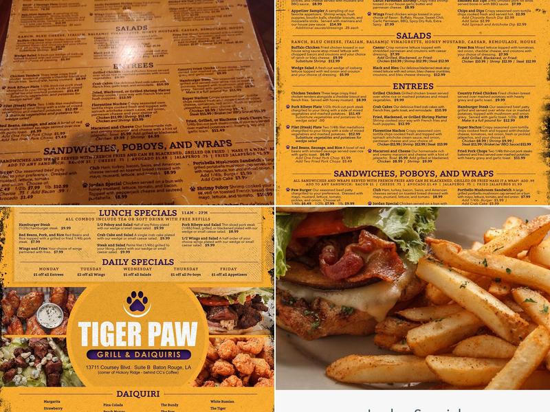 Tiger Paw Grill and Daiquiris Menu