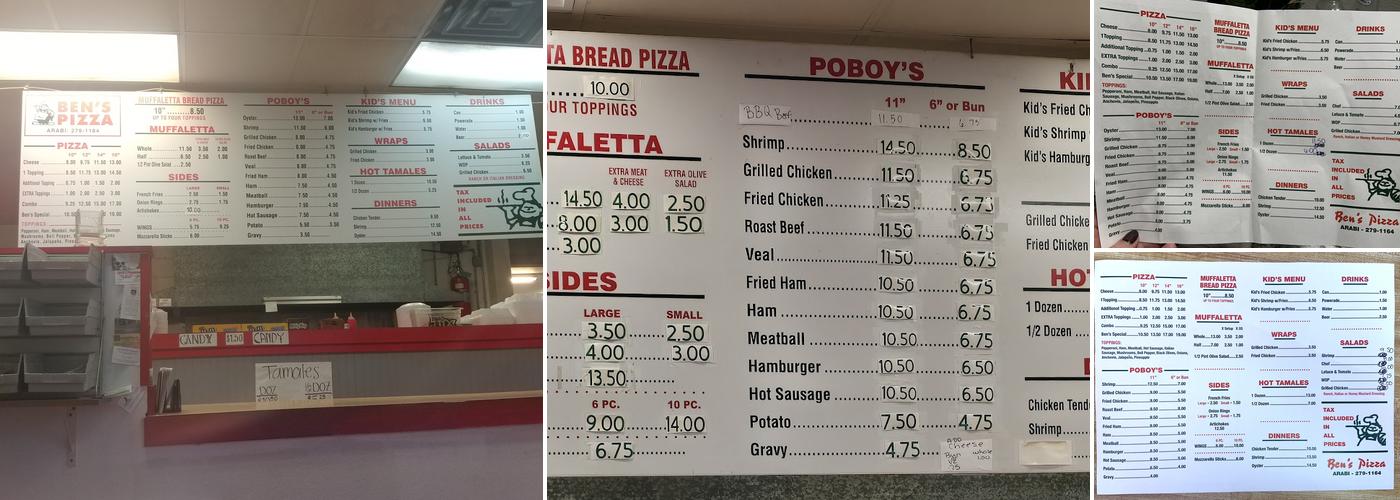 Ben's Pizza Menu