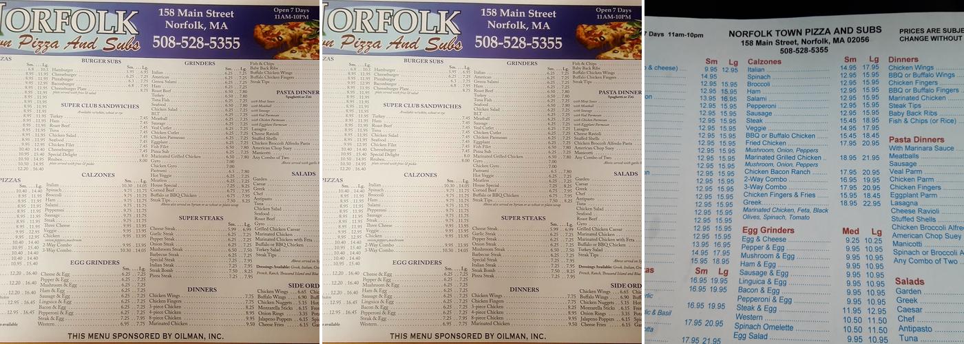 Norfolk Town Pizza Menu