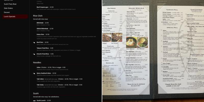 Takara Japanese Restaurant Menu