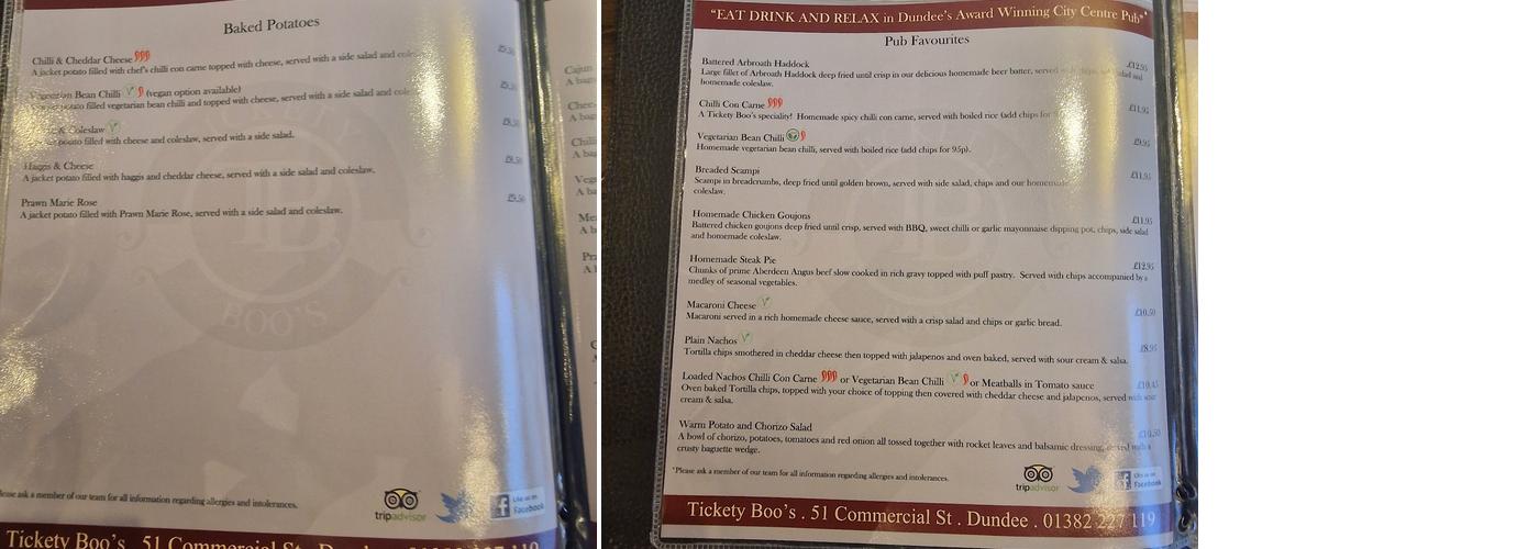 Tickety Boo's Menu