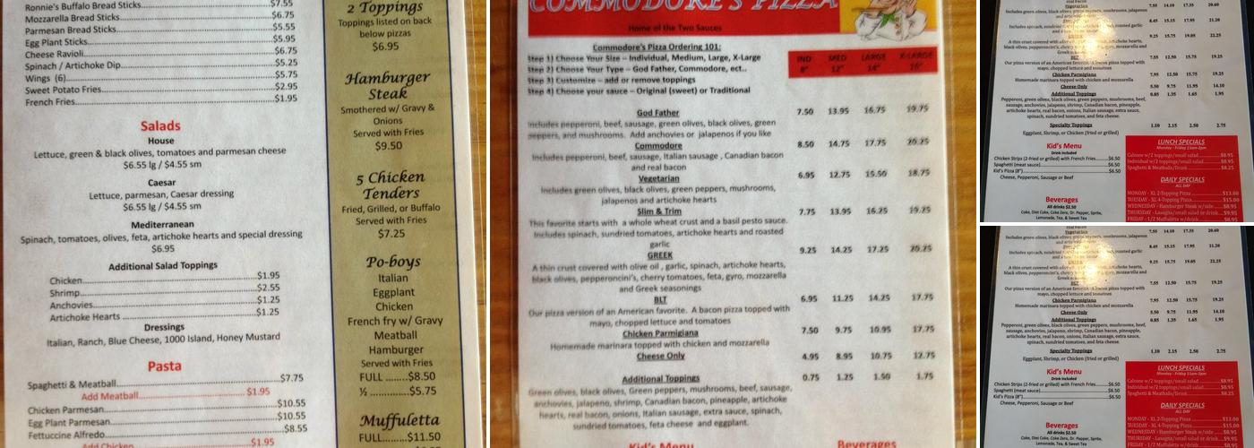 Commodore's Pizza Menu
