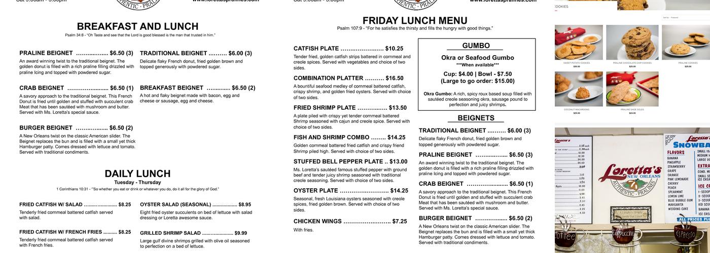 Loretta's Authentic Pralines Menu