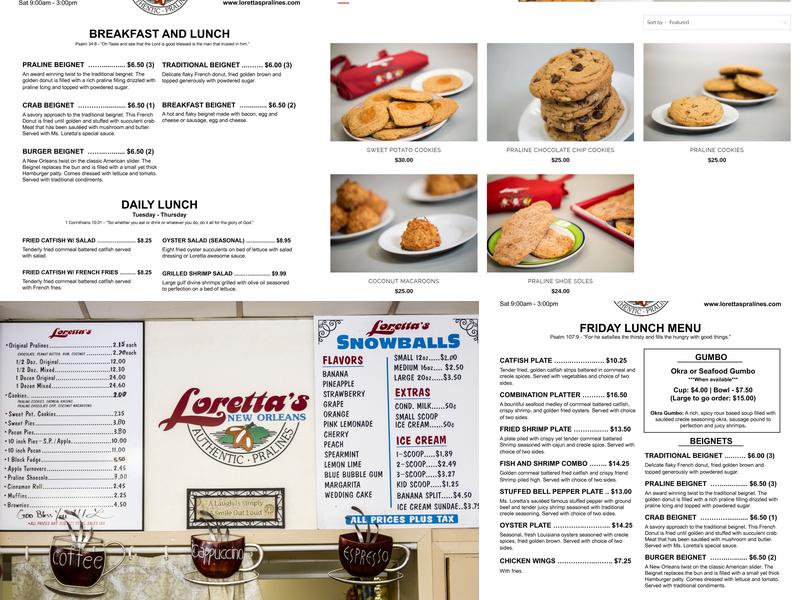 Loretta's Authentic Pralines Menu