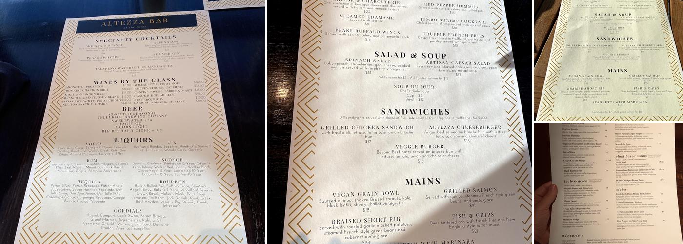 Altezza at the Peaks Menu