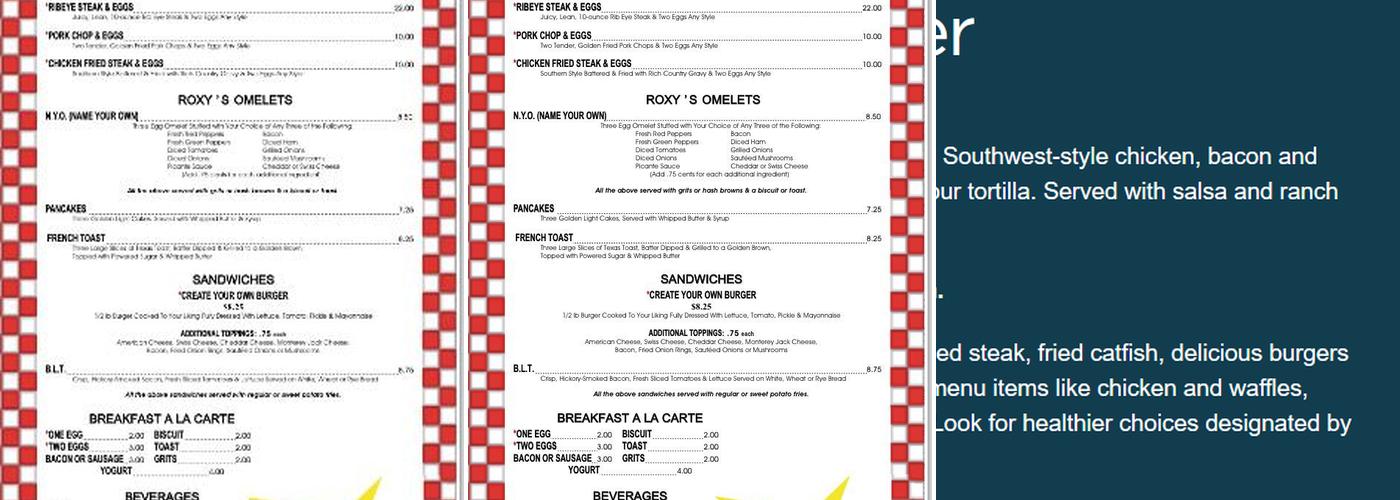 Roxy's Diner Menu