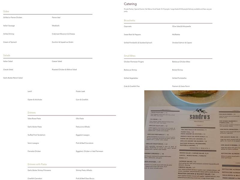 Sandros Trattoria Menu