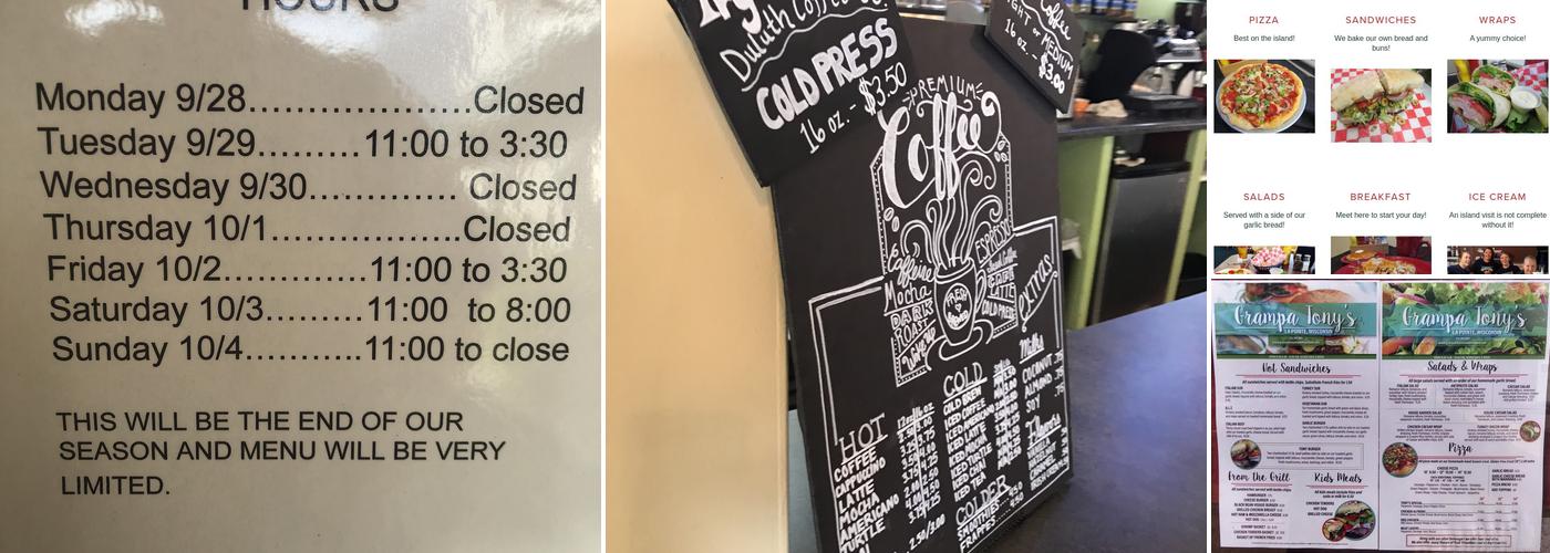 Grampa Tony's on Madeline Island Menu