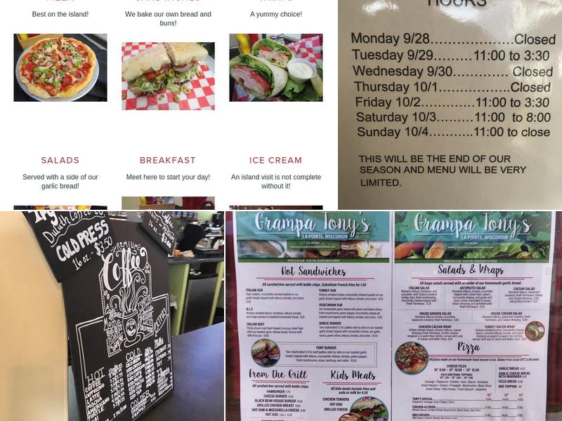 Grampa Tony's on Madeline Island Menu