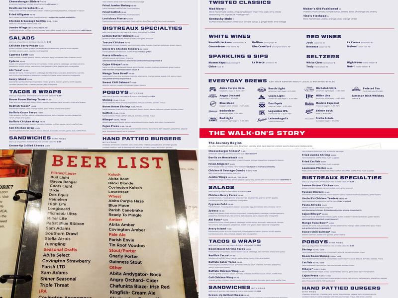 Walk-On's Sports Bistreaux - Covington Restaurant Menu