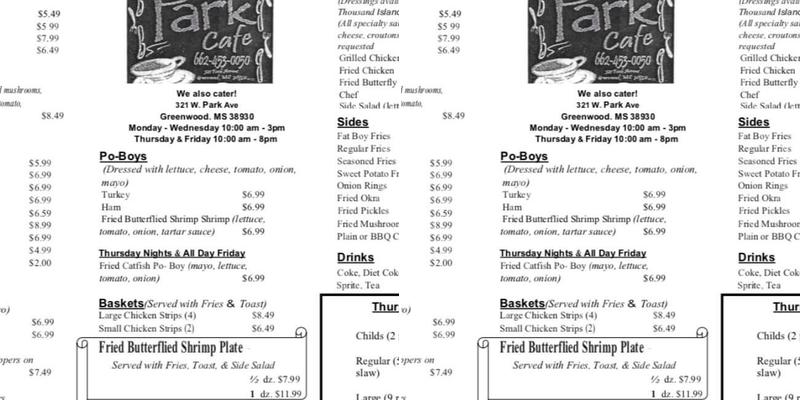 Park Cafe Menu