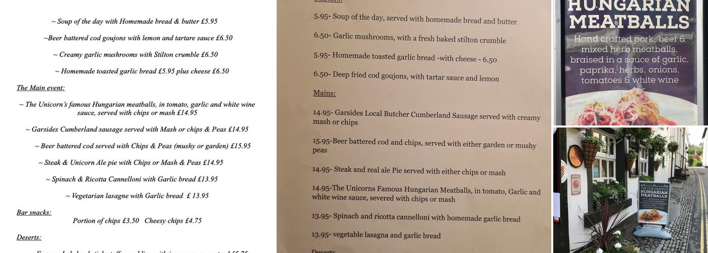 The Unicorn Ambleside Menu