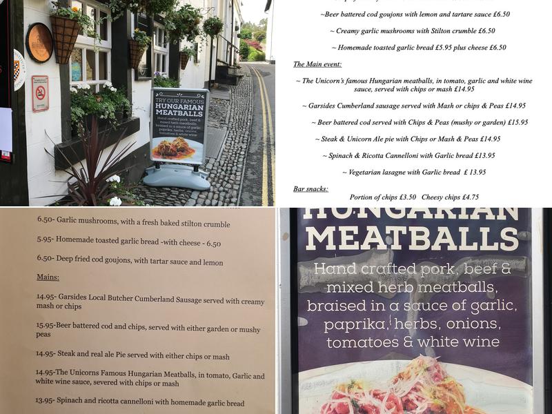 The Unicorn Ambleside Menu