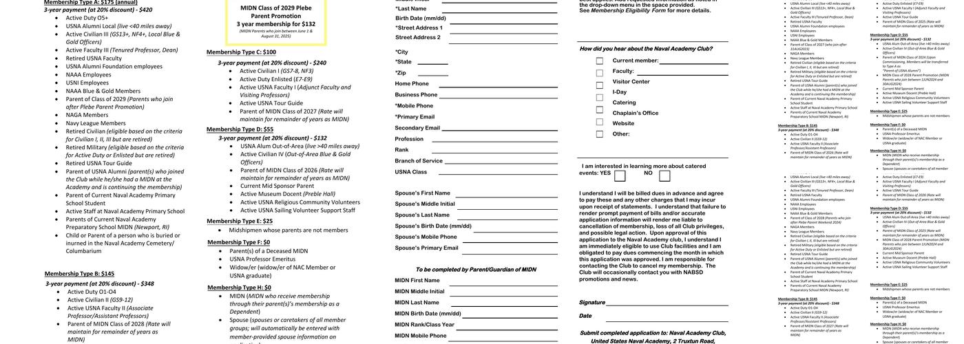 Naval Academy Club Menu