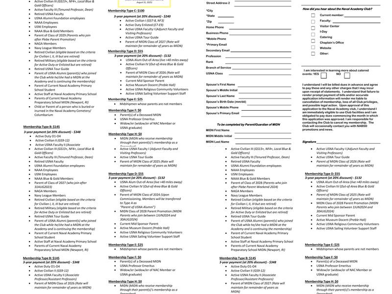 Naval Academy Club Menu