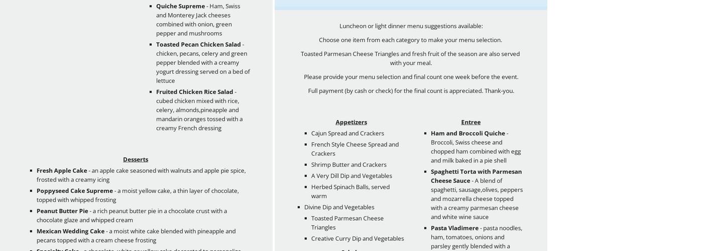 Sweet Remembrances Menu