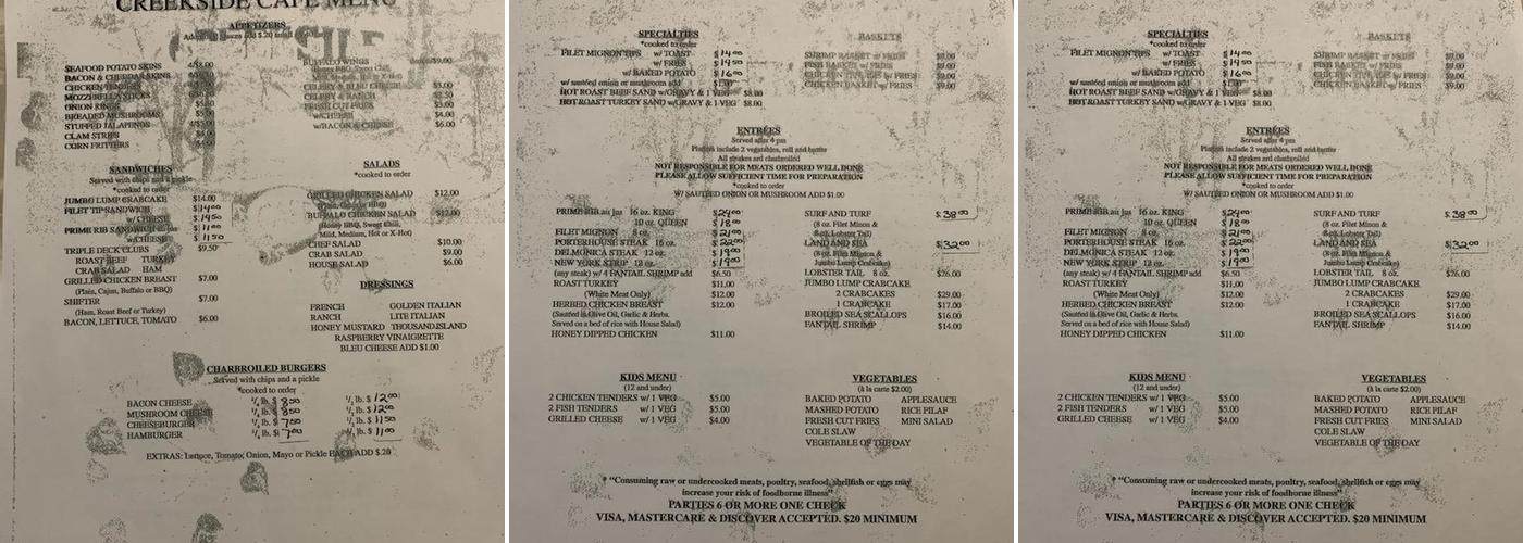 Creekside Cafe Menu
