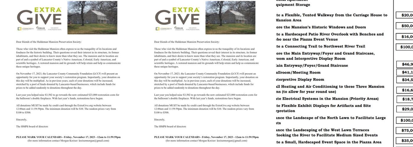 Haldeman Mansion Preservation Society Menu