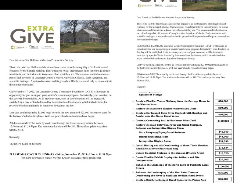 Haldeman Mansion Preservation Society Menu