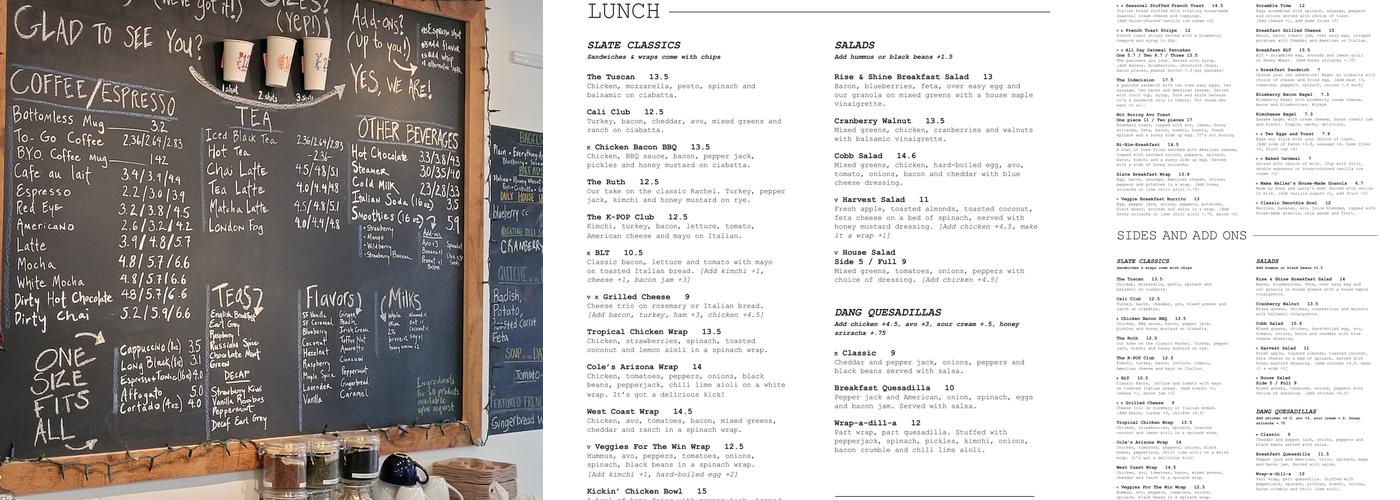 Slate Cafe Menu