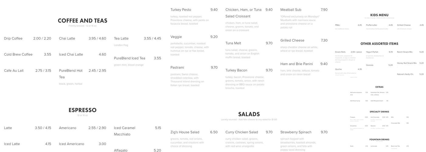 Zig's Bakery & Cafe Menu