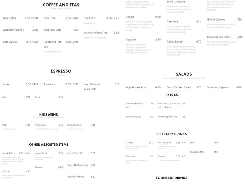 Zig's Bakery & Cafe Menu