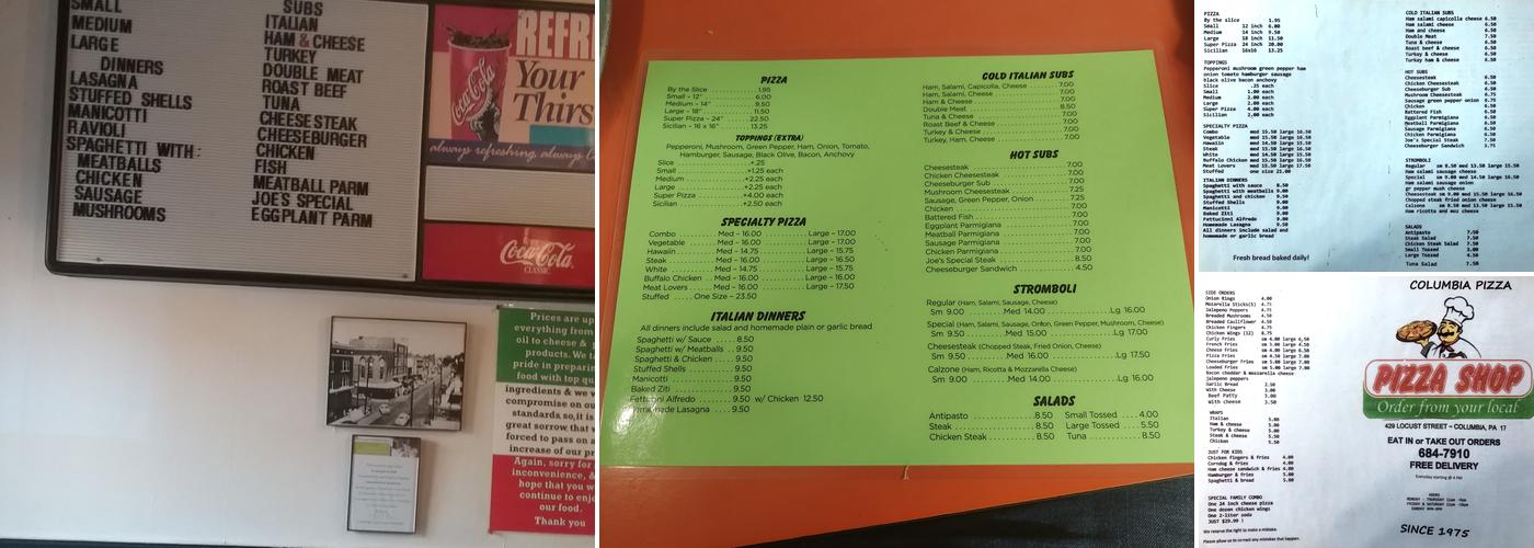 Columbia Pizza Restaurant Menu