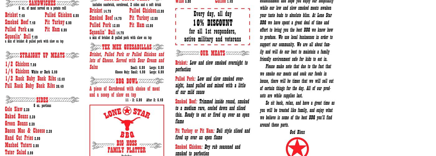 Lone Star Barbeque Menu