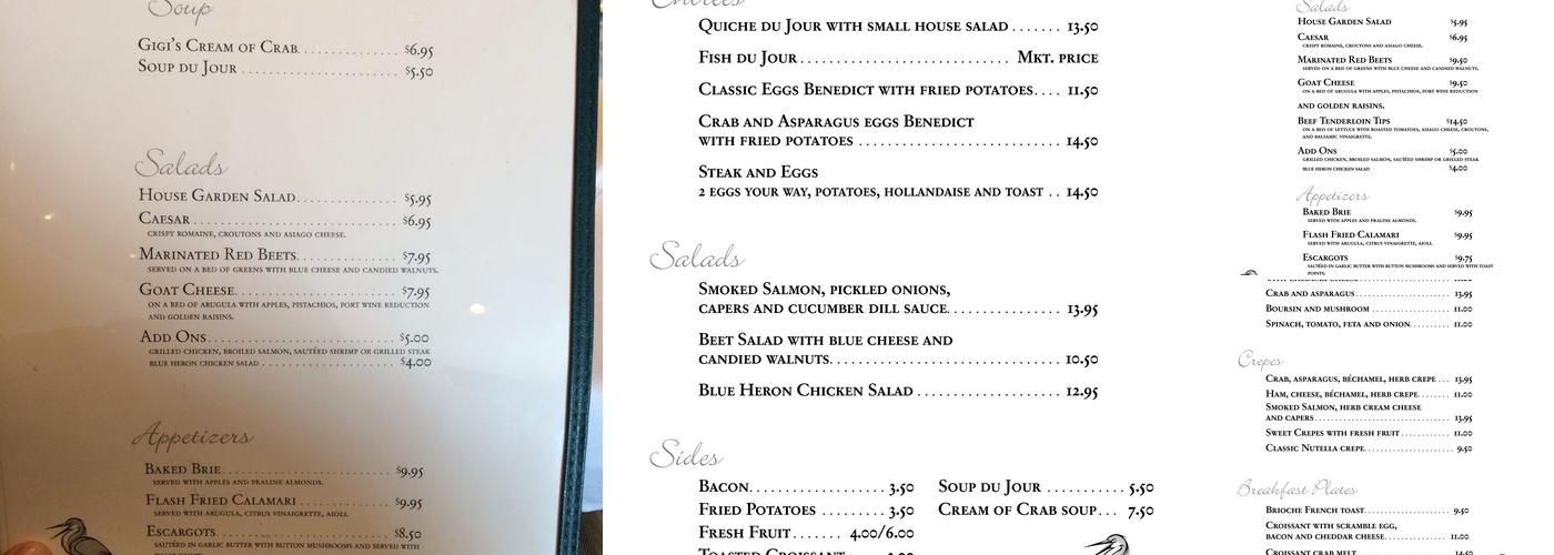 Blue Heron Menu
