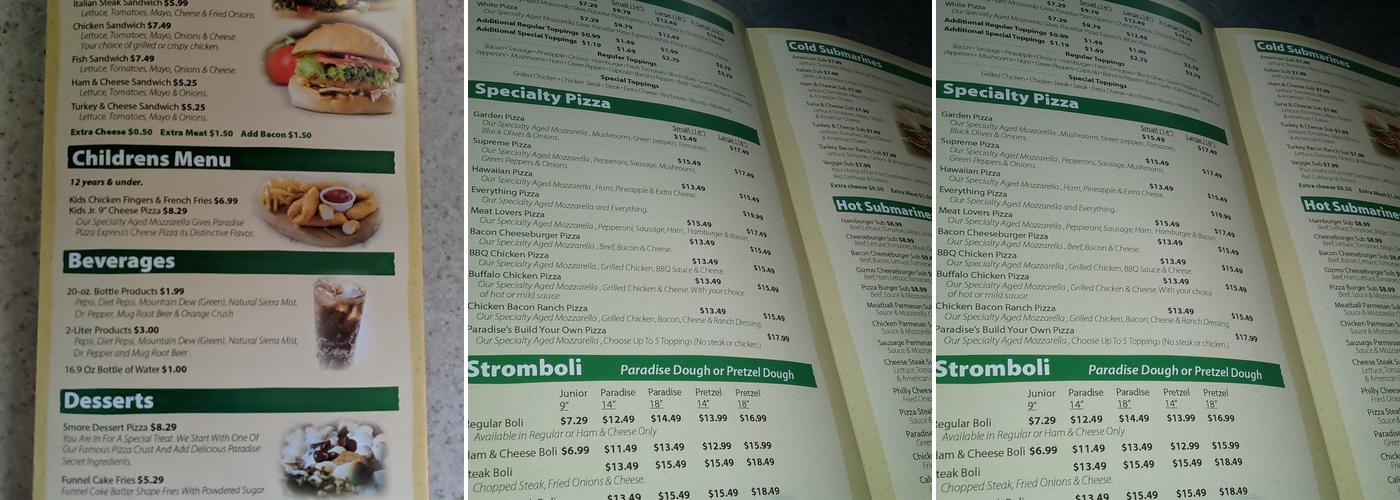 Paradise Pizza Express Menu